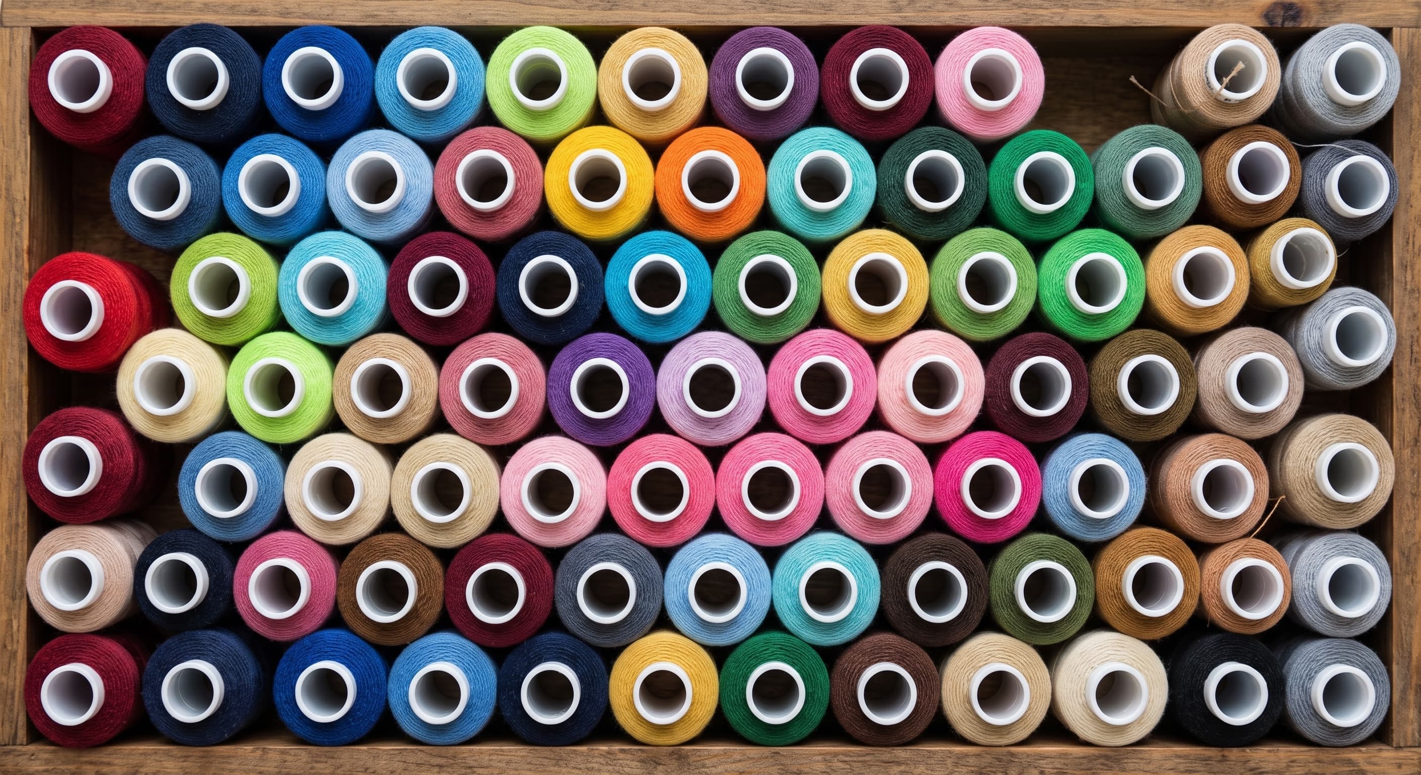 Rows of colourful thread spools arranged in a wooden crate