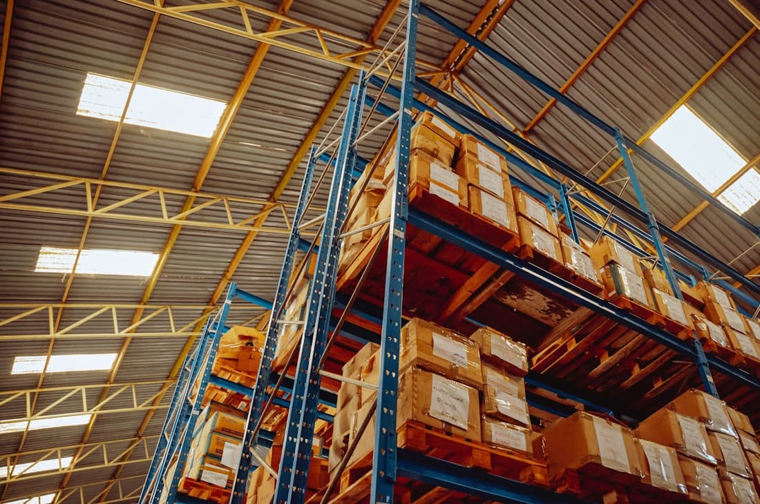 Racked pallets and cartons in a warehouse